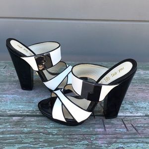 L.A.M.B black and white open toe heel shoes 8